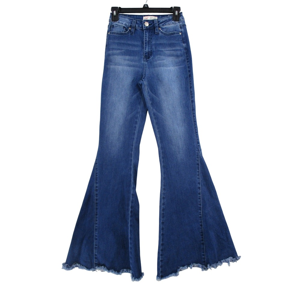 YMI Gigi Fit High Rise Flare Bell Bottom Jeans Medium Wash Raw Hem Size 3/26